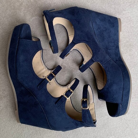 Journee Collection Navy Blue Microsuede Strappy Demi Wedges - Picture 10 of 16